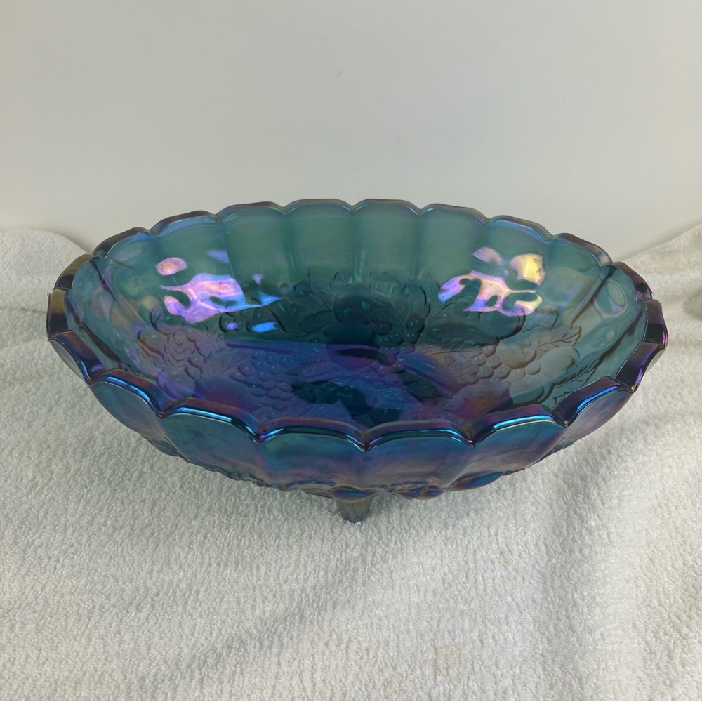 VTG Indiana Blue Iridescent Carnival Glass Grape Centerpiece Console Fruit Bowl - Picture 1 of 11